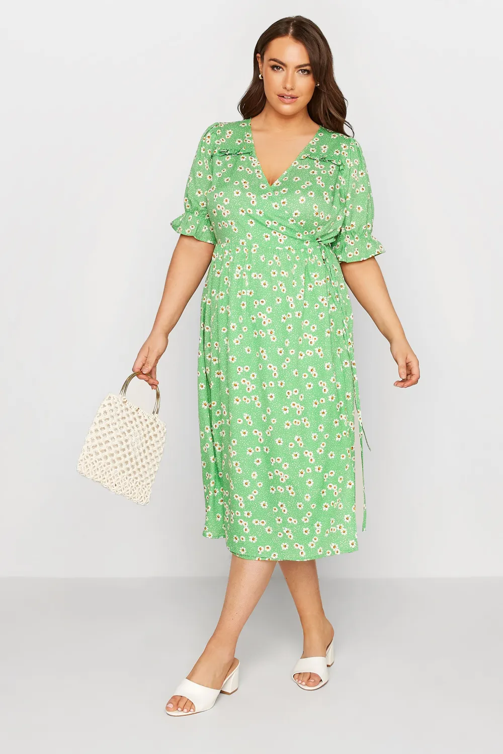 YOURS Curve Green Daisy Print Frill Sleeve Wrap Dress