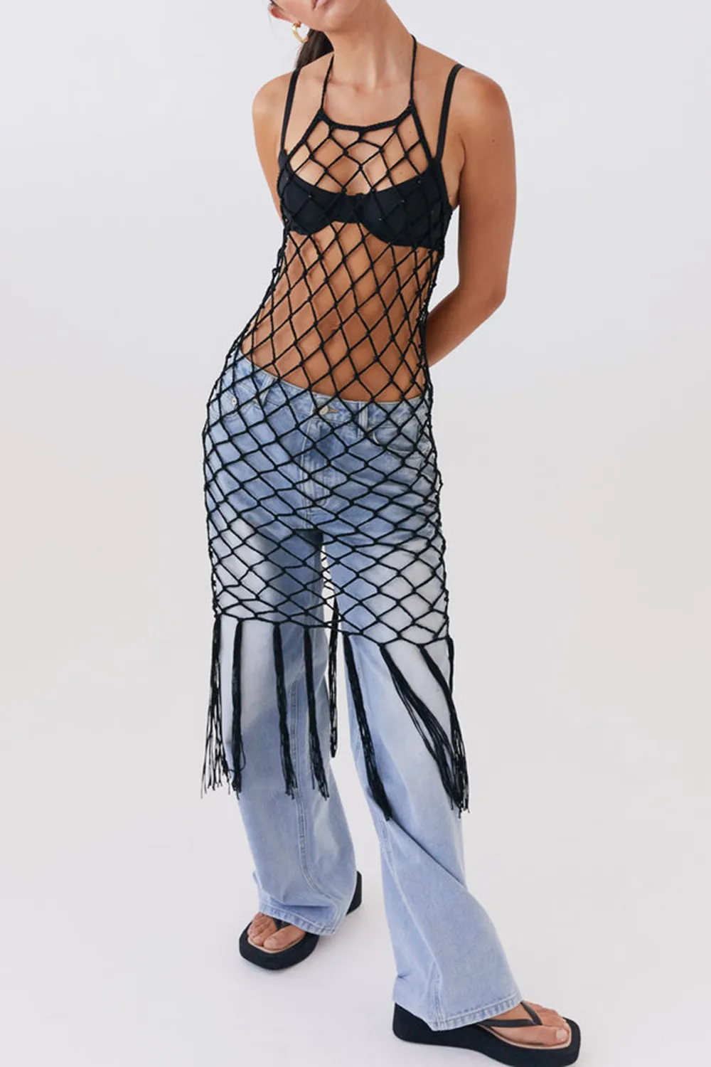 Urban Jungle Net Midi Dress - Black