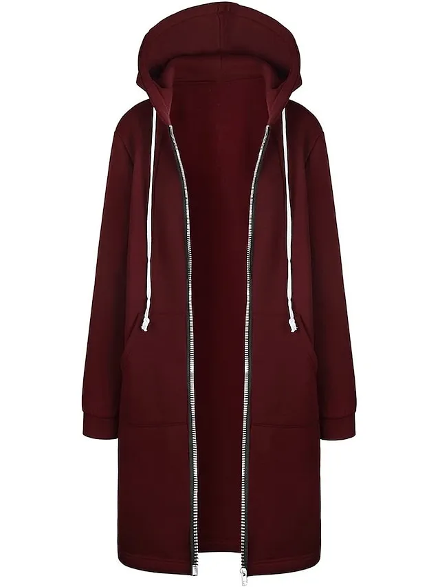 Women's Casual Jacket Fall Windproof Hoodie Jacket with Pockets Casual Workout Regular Long Coat Warm Stylish Long Sleeve Plain Black Pink Wine Sport Street
