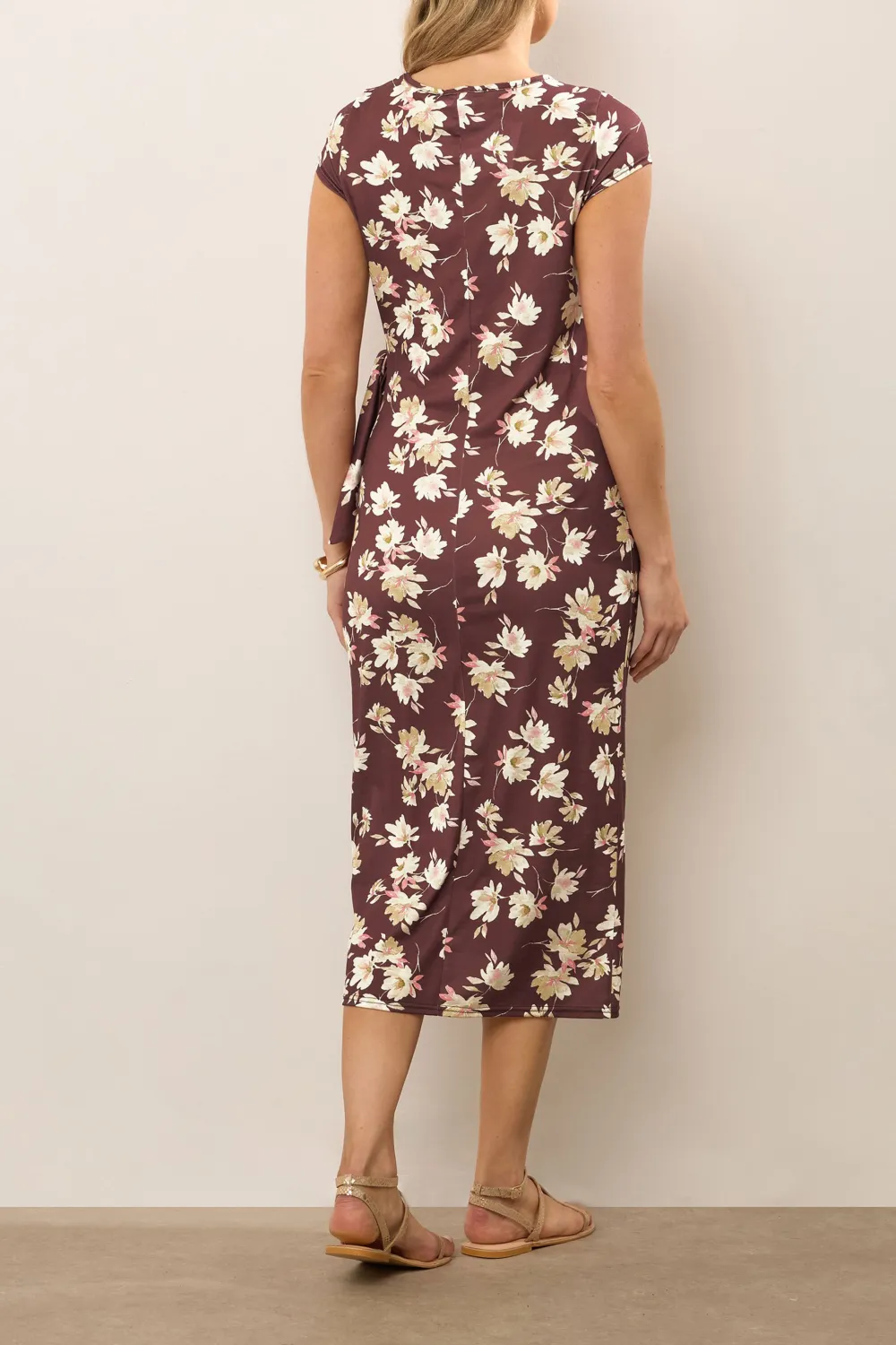 Ruched Style Dark Red Floral Midi Dress