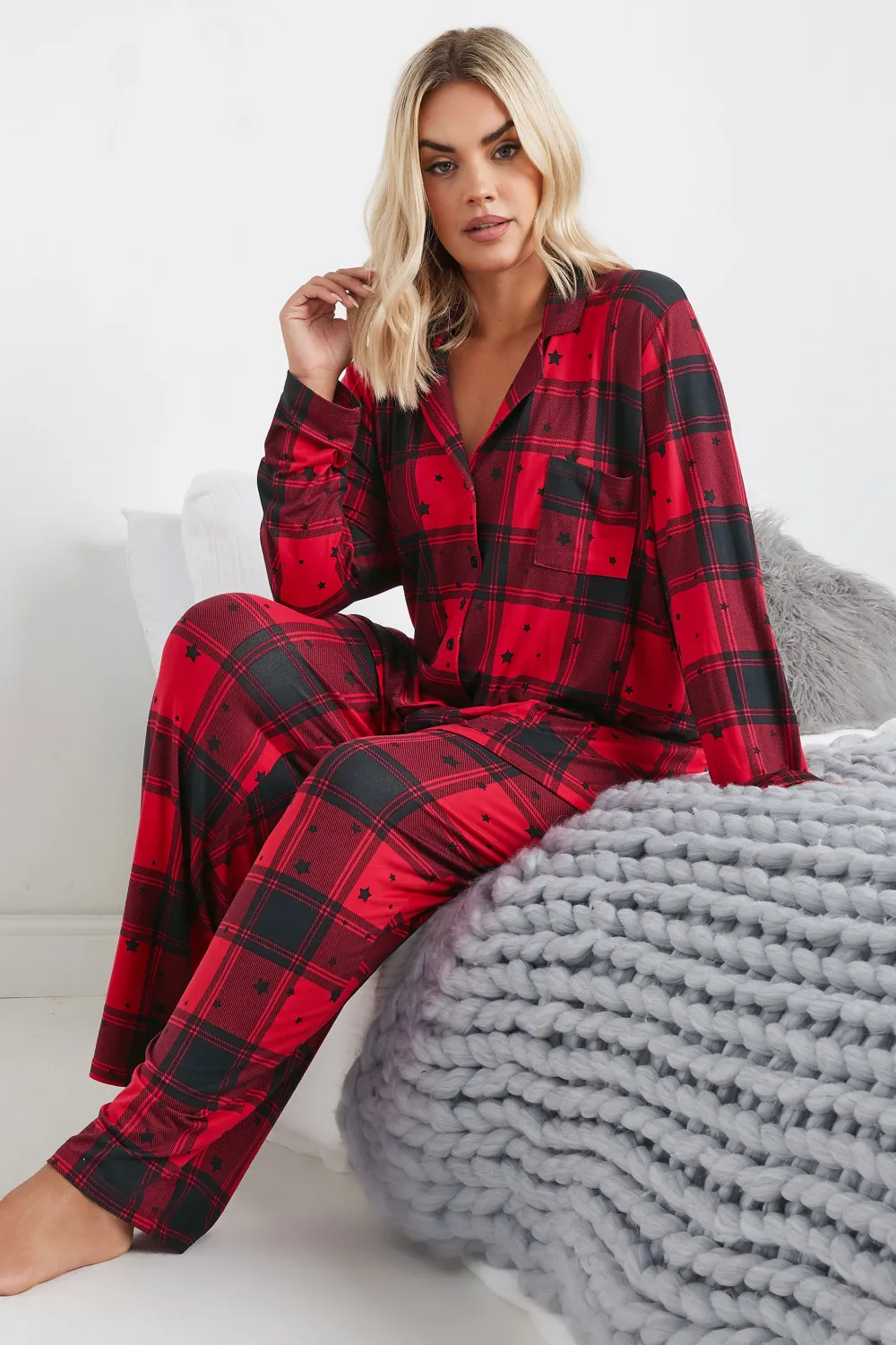 YOURS Curve Red Check Print Soft Touch Pyjama Set
