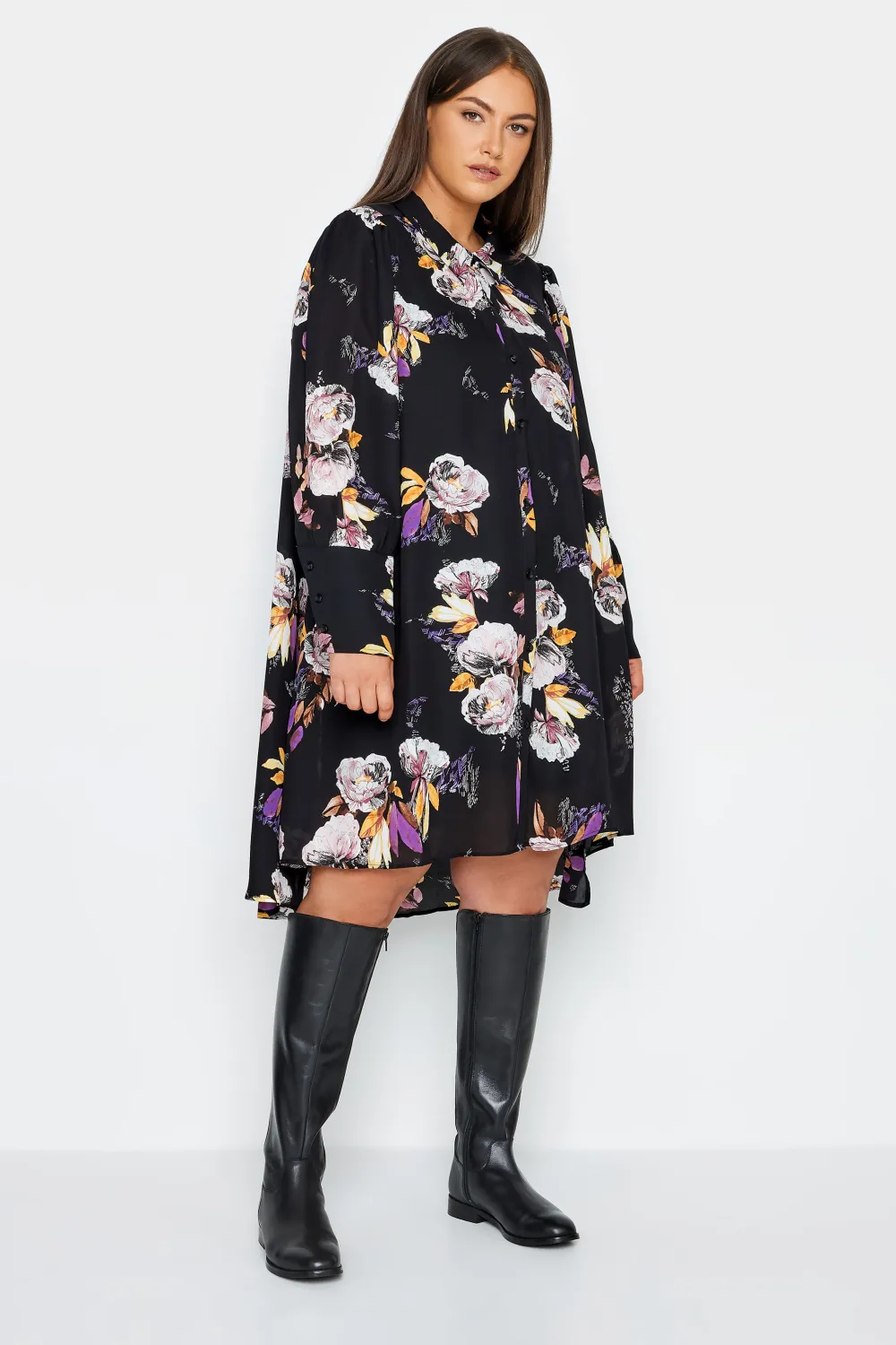 Evans Black Floral Print Shirt Dress