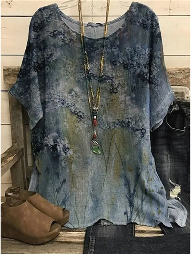 Women's Plus Size Shirt Blouse Yellow Pink Blue Graphic Floral Print Short Sleeve Daily Vacation Weekend Vintage Basic Holiday Crew Neck Regular Fit Dolman Sleeve Summer Spring