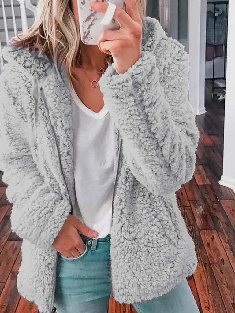 Women Causal Zipper Long Sleeve Hooded Teddy Coat Top