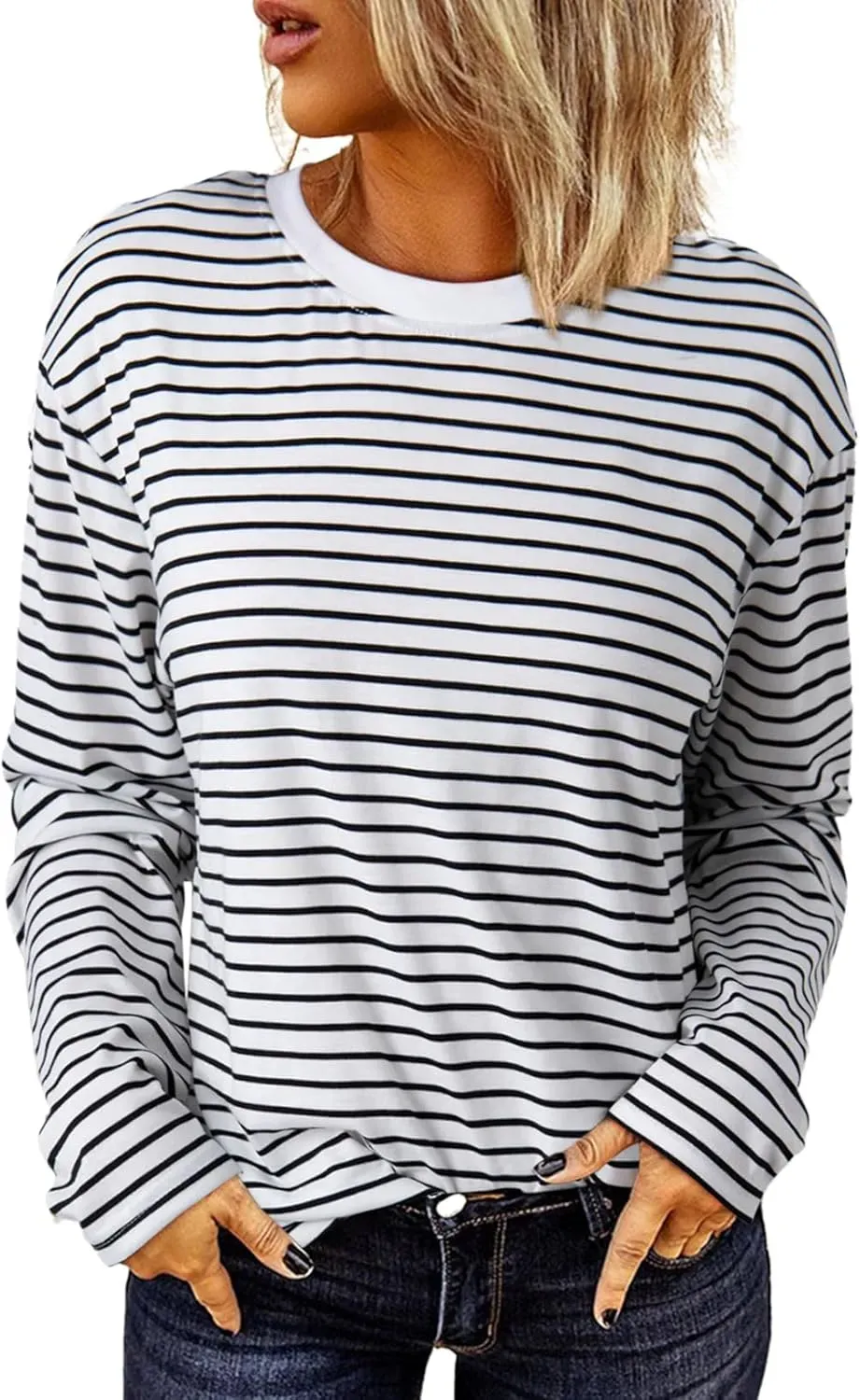 Dokotoo Women's Casual Striped Long Sleeve Tops Crew Neck Knit Ribbed Basic T Shirts