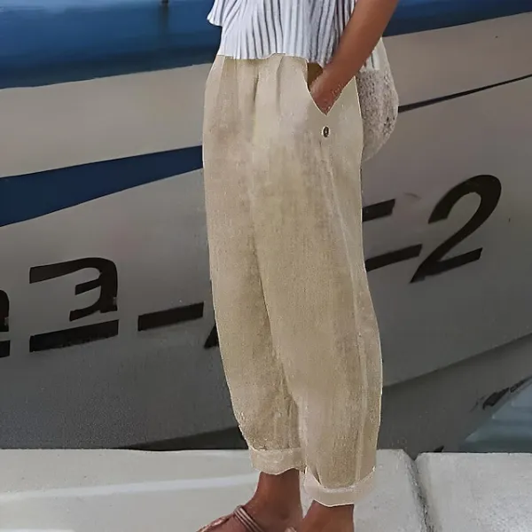 Women's Loungewear Pants Pure Color Linen Casual Wear Plus Size for Spring Summer White Blue S 4XL