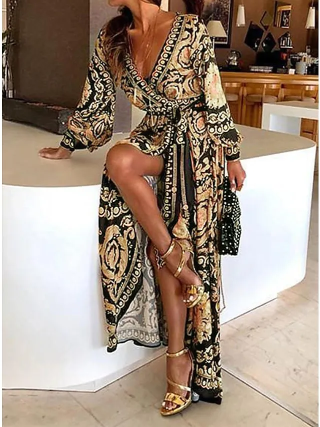 Women's Casual Dress Swing Dress Wrap Dress Long Dress Maxi Dress Blue Yellow Gray Long Sleeve Floral Lace up Winter Fall Spring V Neck Fall Dress 2022 S M L XL XXL 3XL