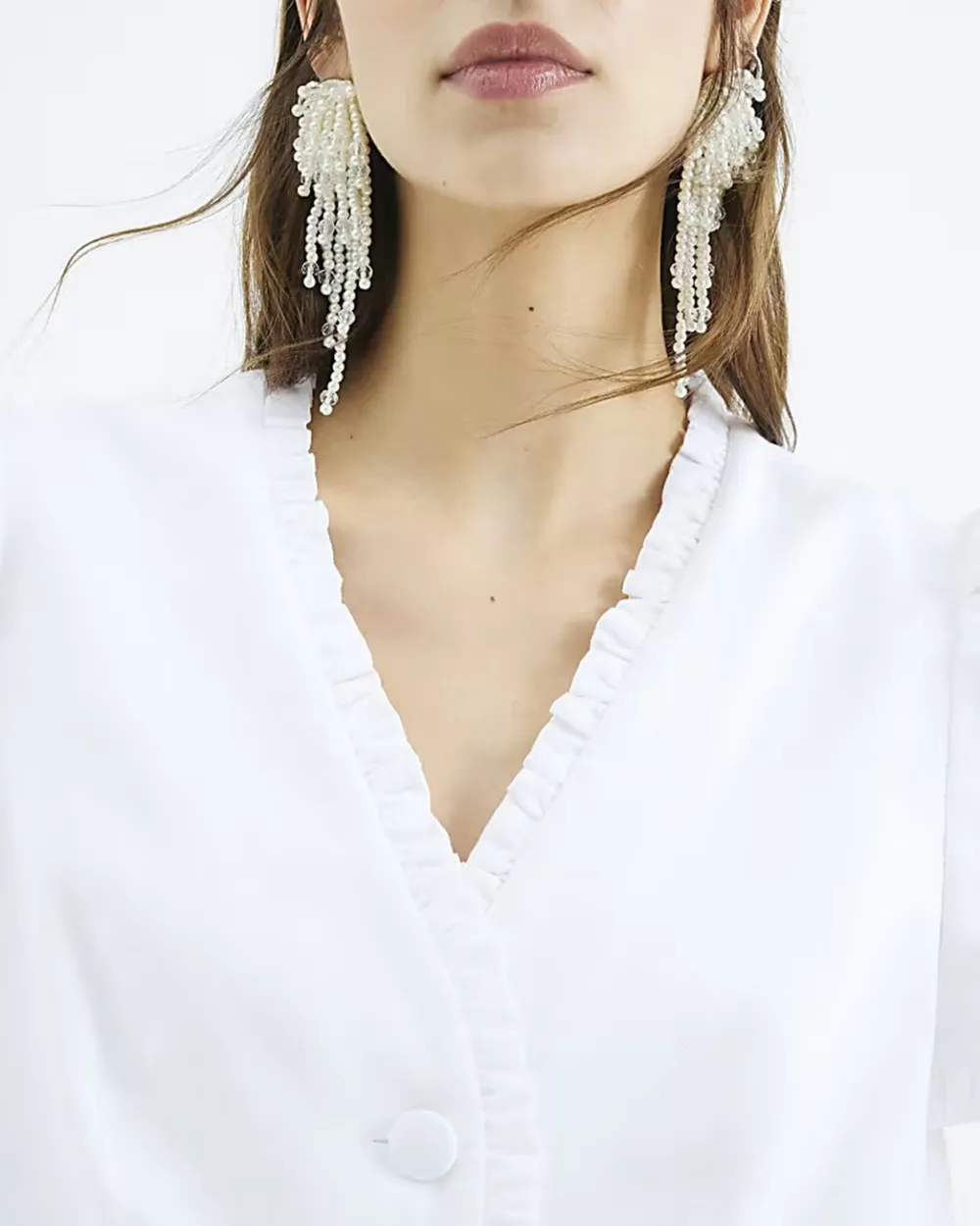 V-Neck Pleated Lace Women's Short-Sleeved Shirts