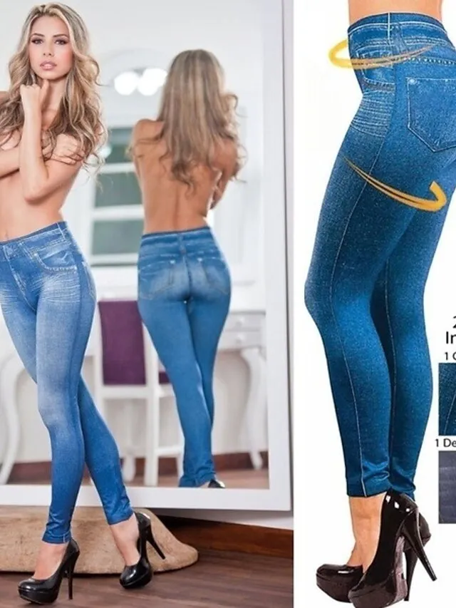Women's Casual / Sporty Athleisure Skinny Tights Leggings Print Ankle-Length Pants Casual Weekend Stretchy Solid Color Denim Faux Denim Tummy Control Butt Lift High Waist Skinny Black Blue Grey S M L