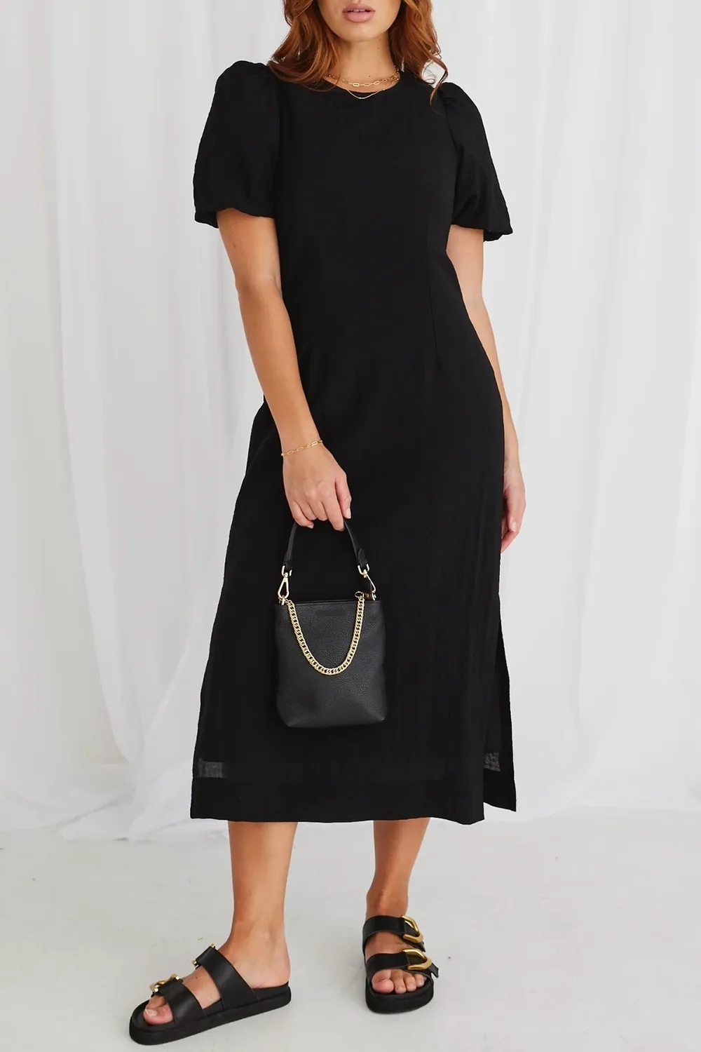 Puff Sleeve Tie Midi Dress