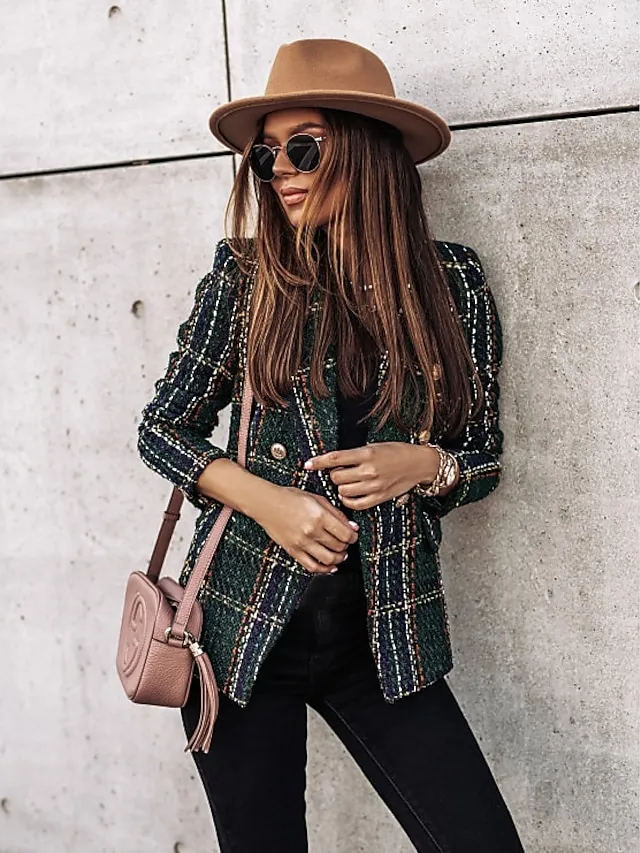 Women's Blazer Tweed Maillard Plaid Long Sleeve Coat Fall Winter Business Double Breasted Regular Jacket Green Brown XL 2XL 3XL