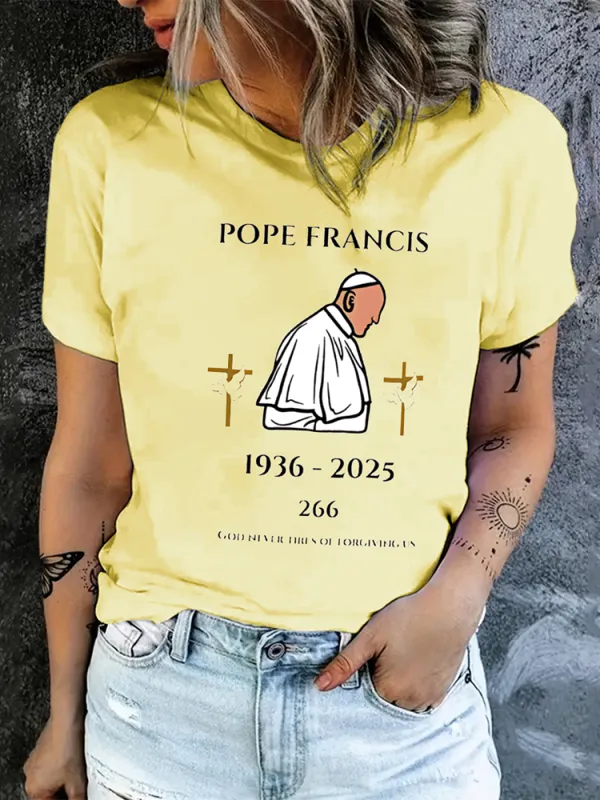 Women's God Never Tires Of Forgiving Us Print Short Sleeve Round Neck Cotton T-Shirt