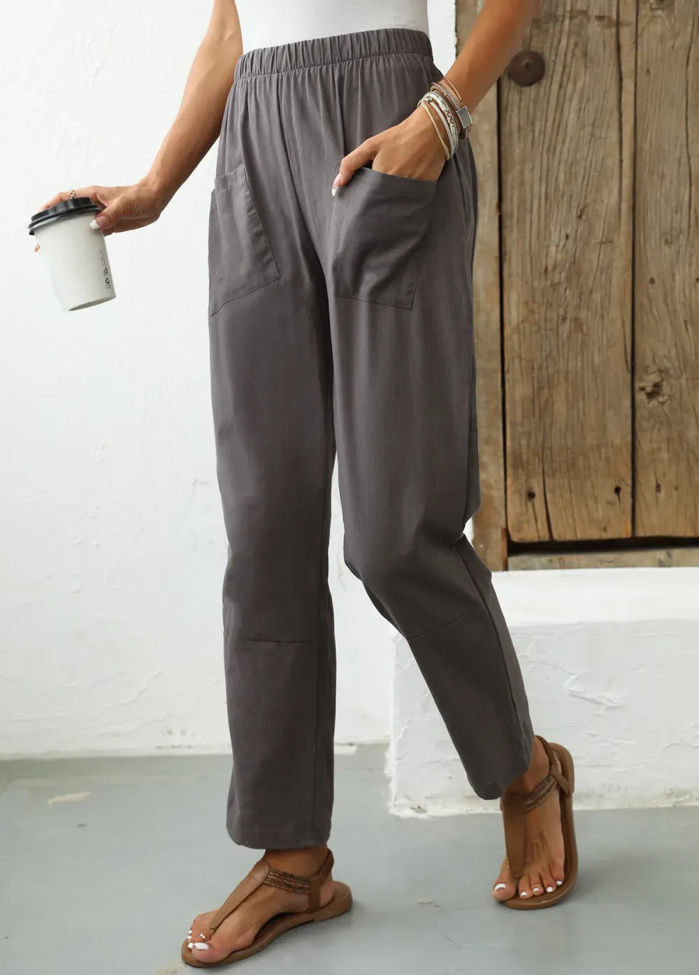 Dark Grey Pocket Elastic Waist High Waisted Pants