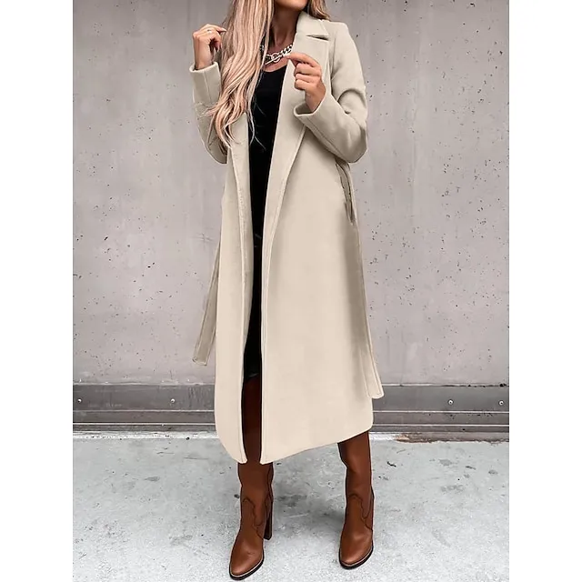 Women's Winter Coat Long Overcoat with Belt Fall Lapel Pea Coat with Pockets Trench Coat Fashion Street Wear Formal Jacket Long Sleeve  Black White Yellow