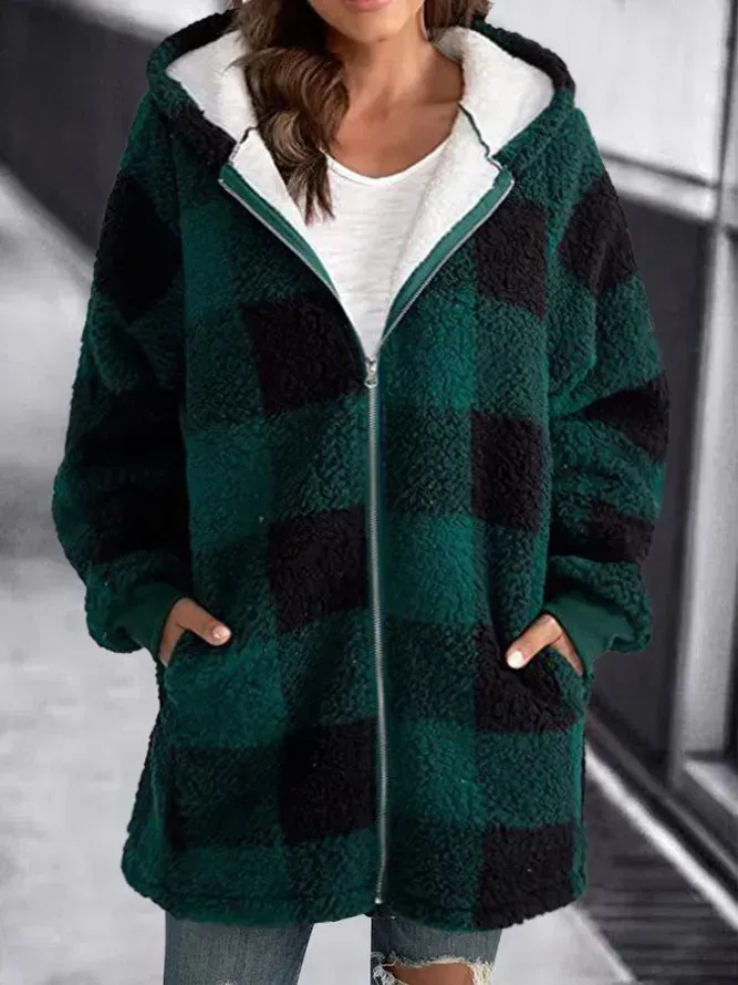 HOODIE PLAID LOOSE OVERCOAT