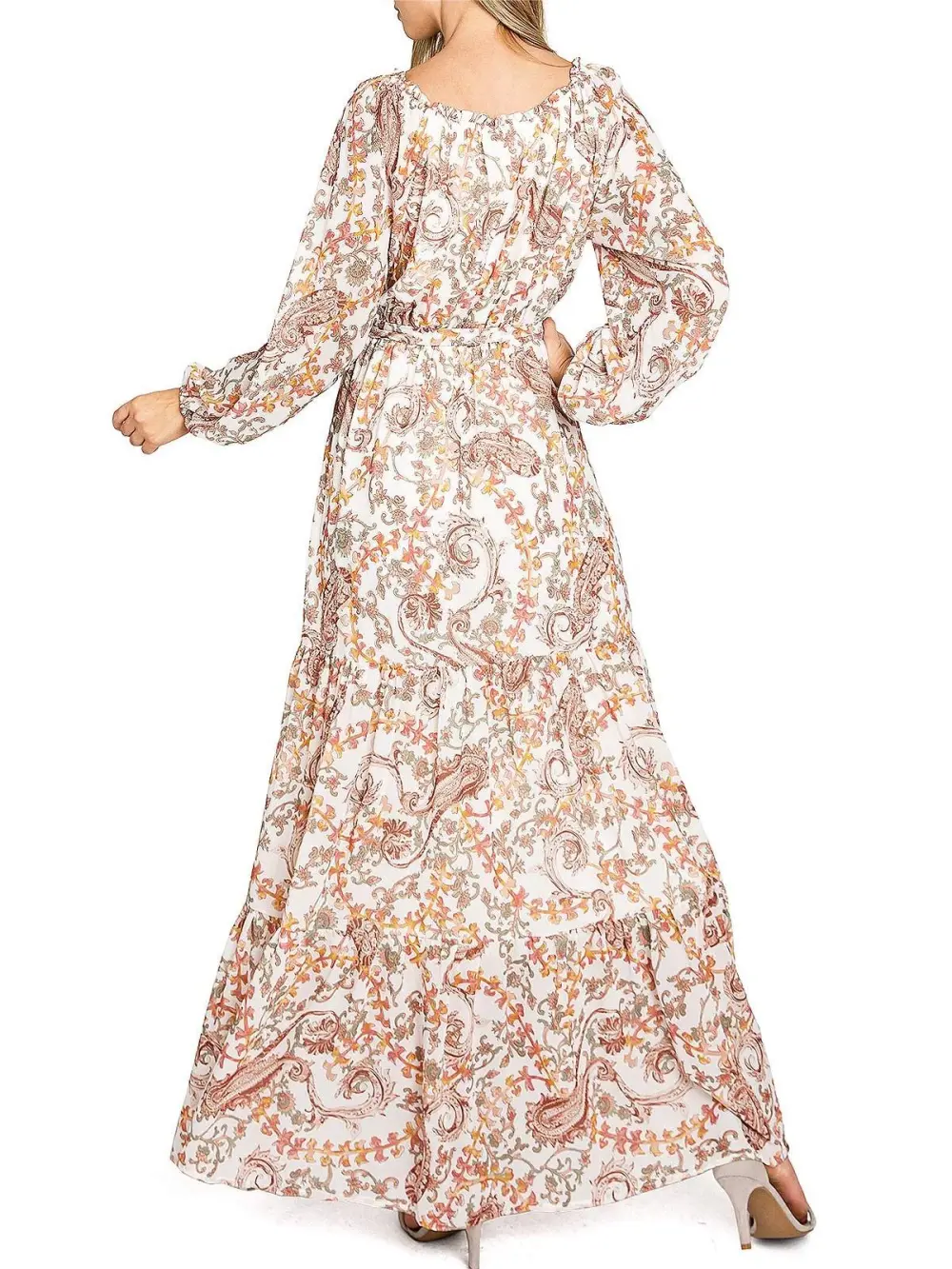 Beige Floral Long - Sleeve Maxi Dress