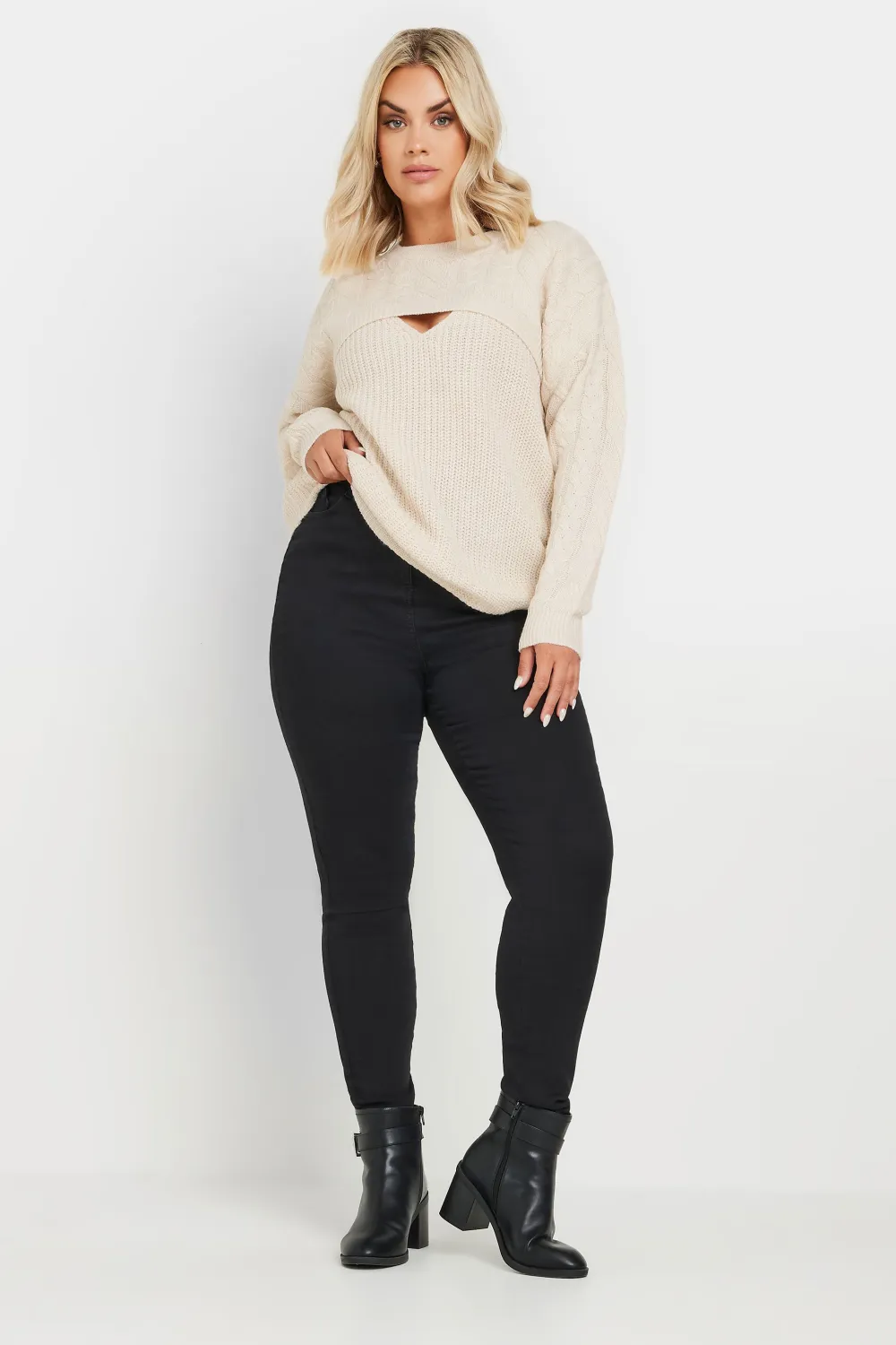 YOURS Curve Cream Cable Knit Cut Out Jumper