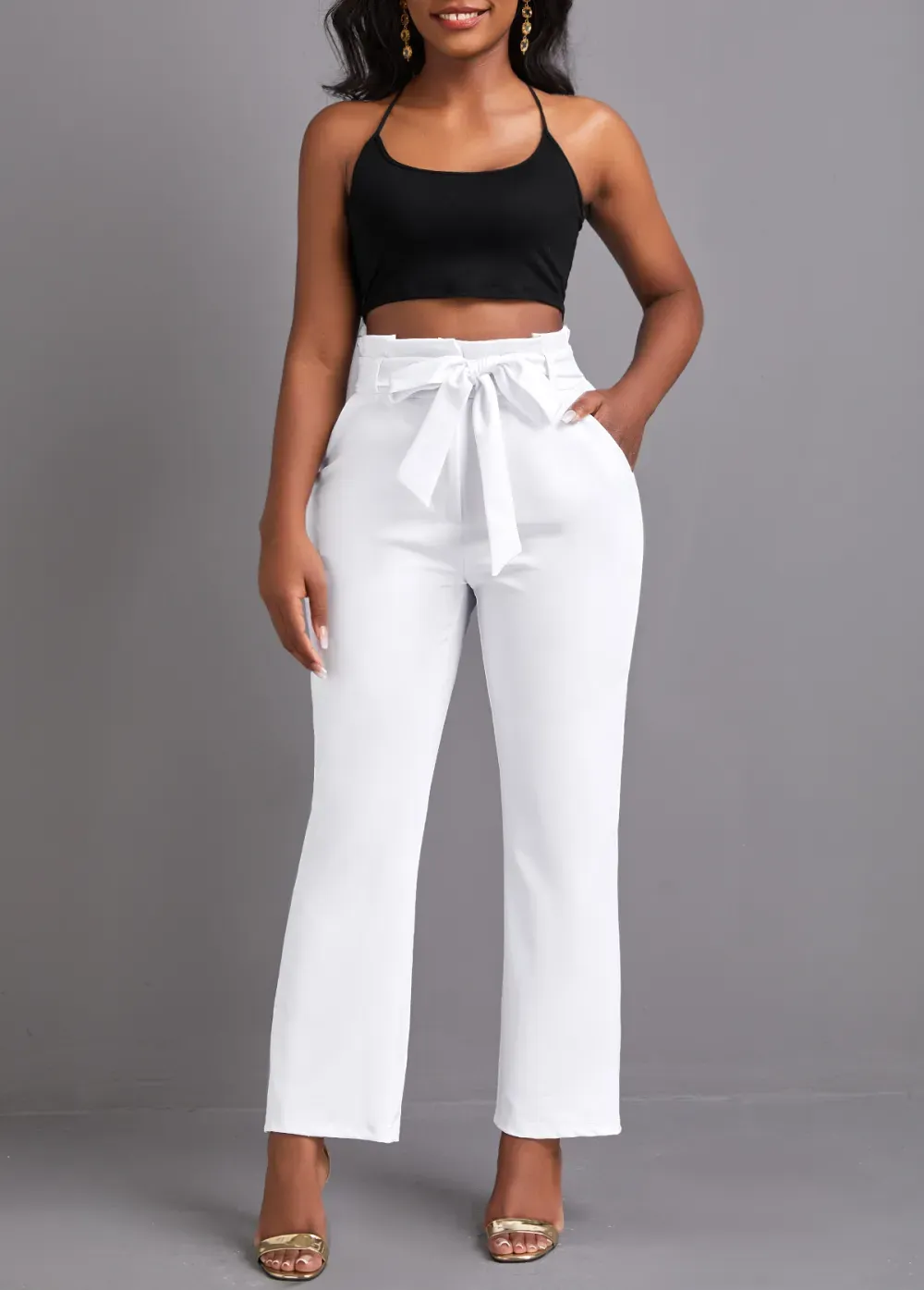 White Pocket Belted Zipper Fly High Waisted Pants
