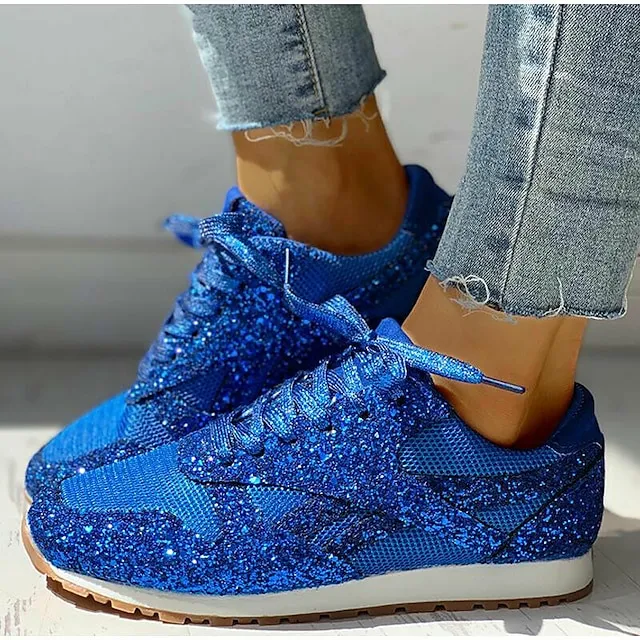 Women's Trainers Athletic Shoes Sneakers Sequins Plus Size Bling Bling Sneakers Outdoor Daily Summer Sequin Platform Flat Heel Round Toe Sporty Classic Casual Tennis Shoes Walking Mesh Lace-up Color