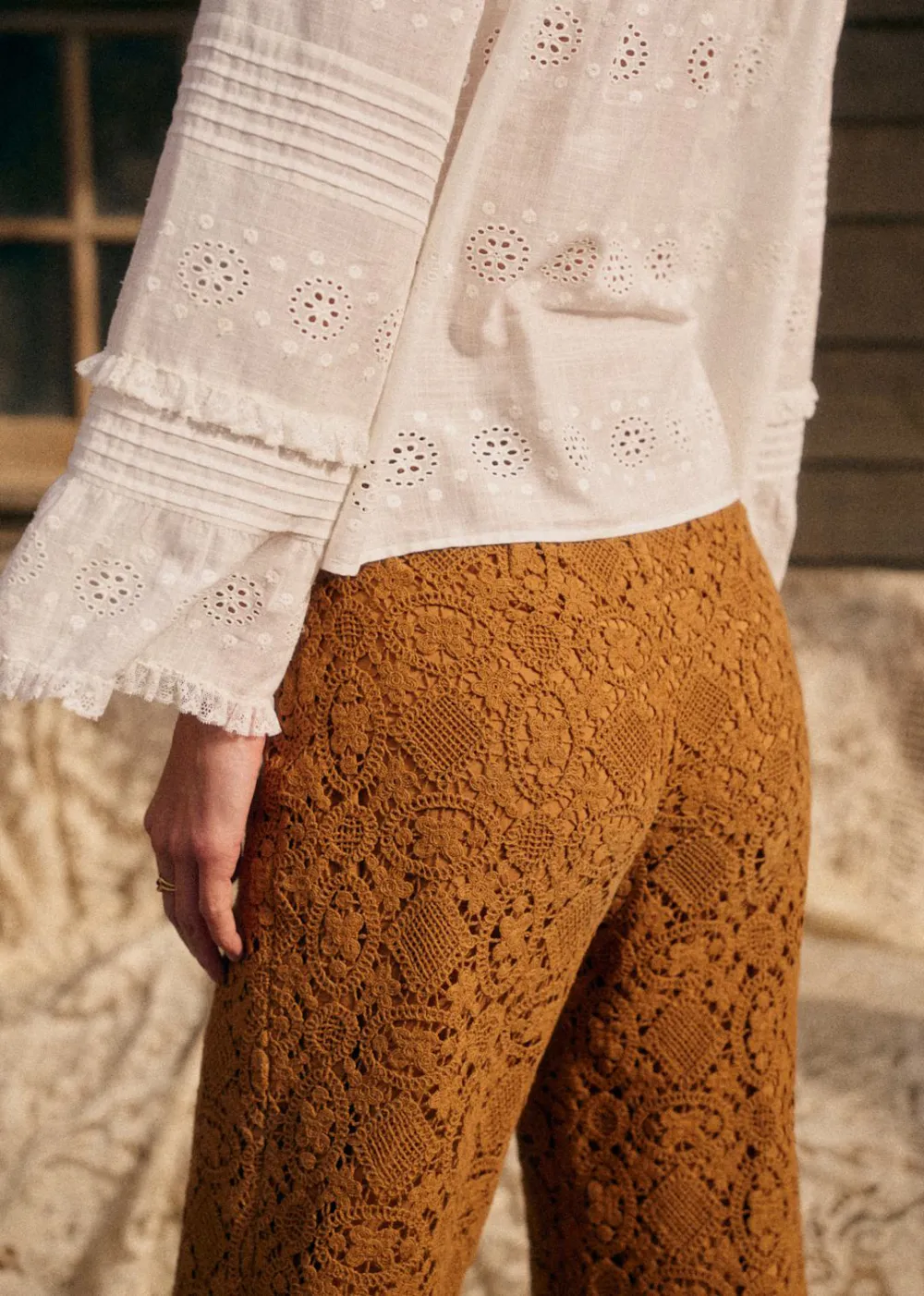Hollow Solid Color Lace Trousers
