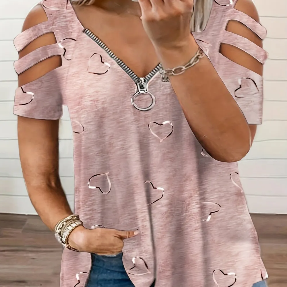 Plus Size Heart Print Zipper Short Sleeve Top, Women's Plus Slight Stretch V Neck Casual T-shirt