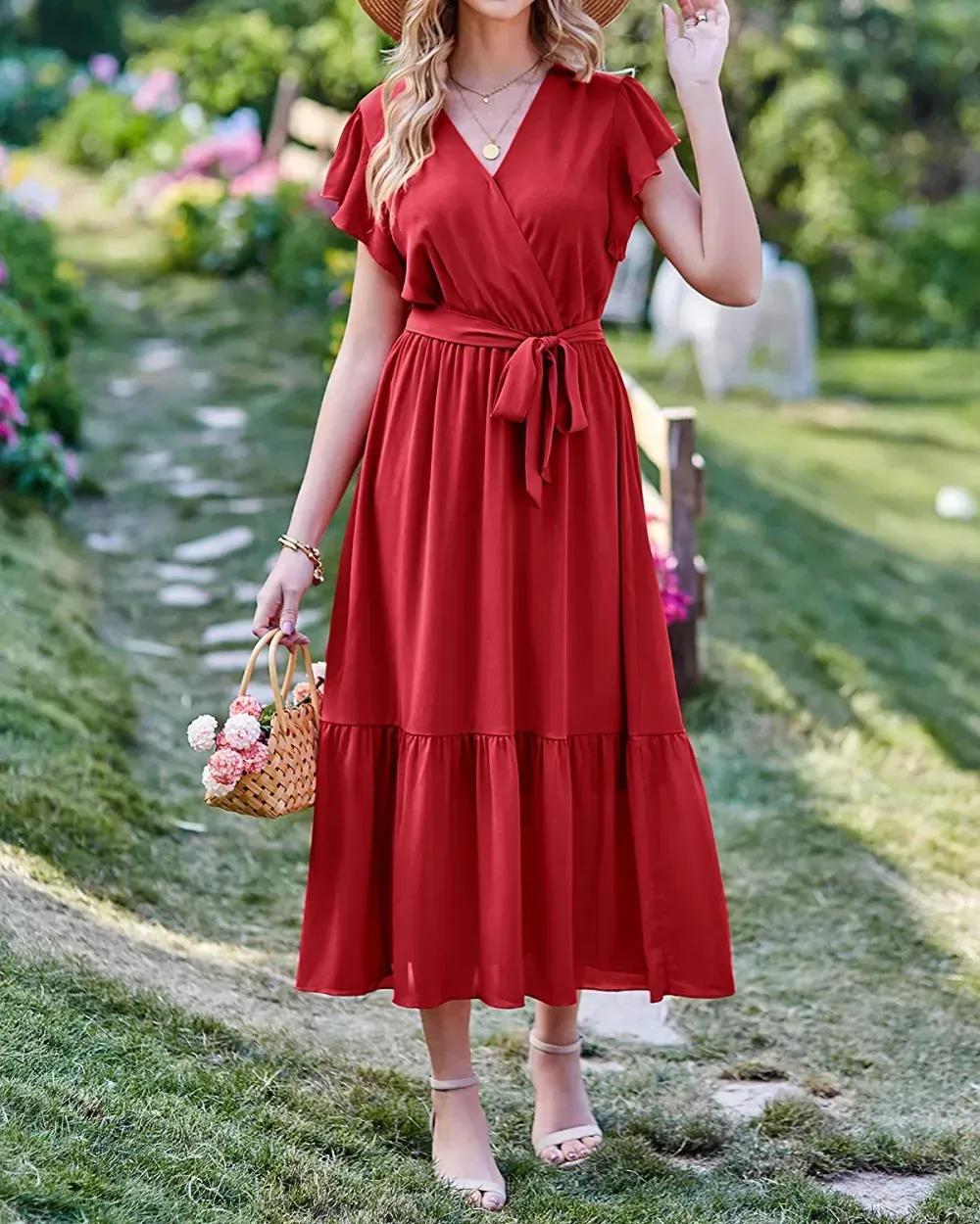 Women Summer Bohemian Floral Casual Wrap V Neck Ruffle Cap Sleeveless Belt A-Line Pleated Hem Swing Midi Sun Dress