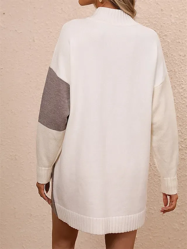 Women's Sweater Dress Jumper Dress Winter Dress Mini Dress Knitwear Fashion Casual Color Block Outdoor Daily Vacation Going out Crew Neck Long Sleeve Patchwork 2023 Loose Fit Black Blue khaki S M L XL