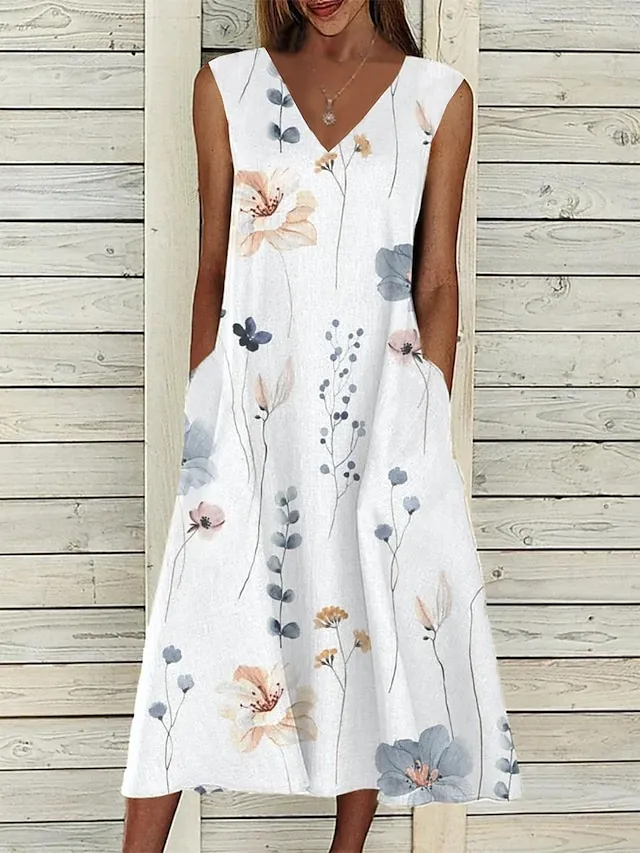 Women's Two Piece Dress Set Casual Dress Print Dress Outdoor Daily Fashion Elegant Pocket Print Midi Dress V Neck Half Sleeve Floral Regular Fit Pink Blue Purple Summer Spring S M L XL XXL