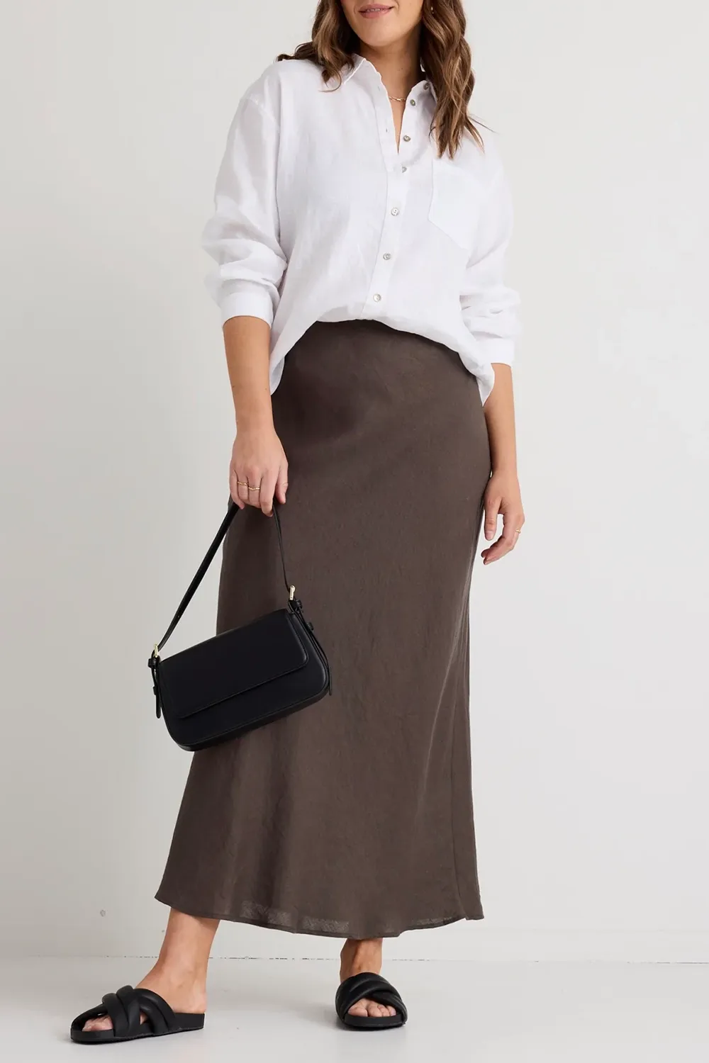 Dark Olive Linen Bias Midi Skirt