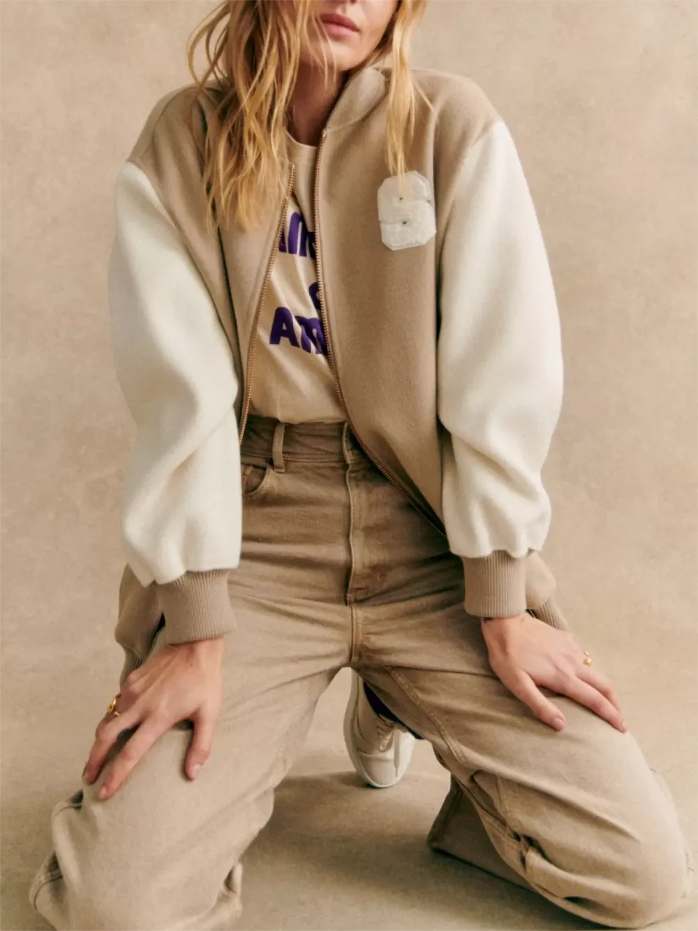 Beige Color Blocked Varsity Jacket