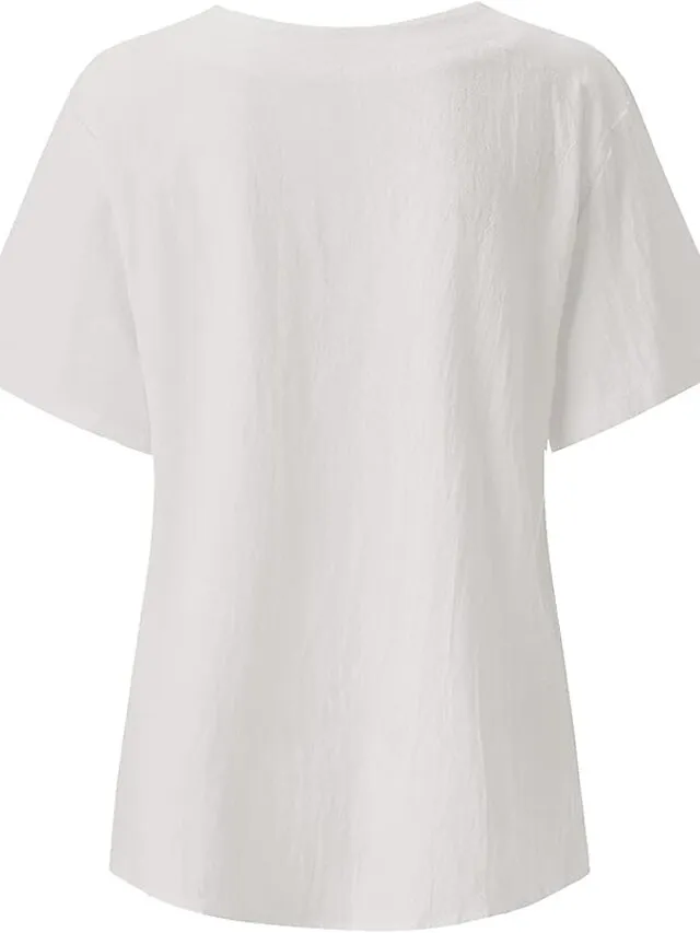 Women's Shirt Linen Shirt Blouse Cotton Linen Floral White Yellow Pink Button Print Short Sleeve Daily Vacation Going out Vintage Holiday Casual Crew Neck Regular Fit Summer Spring