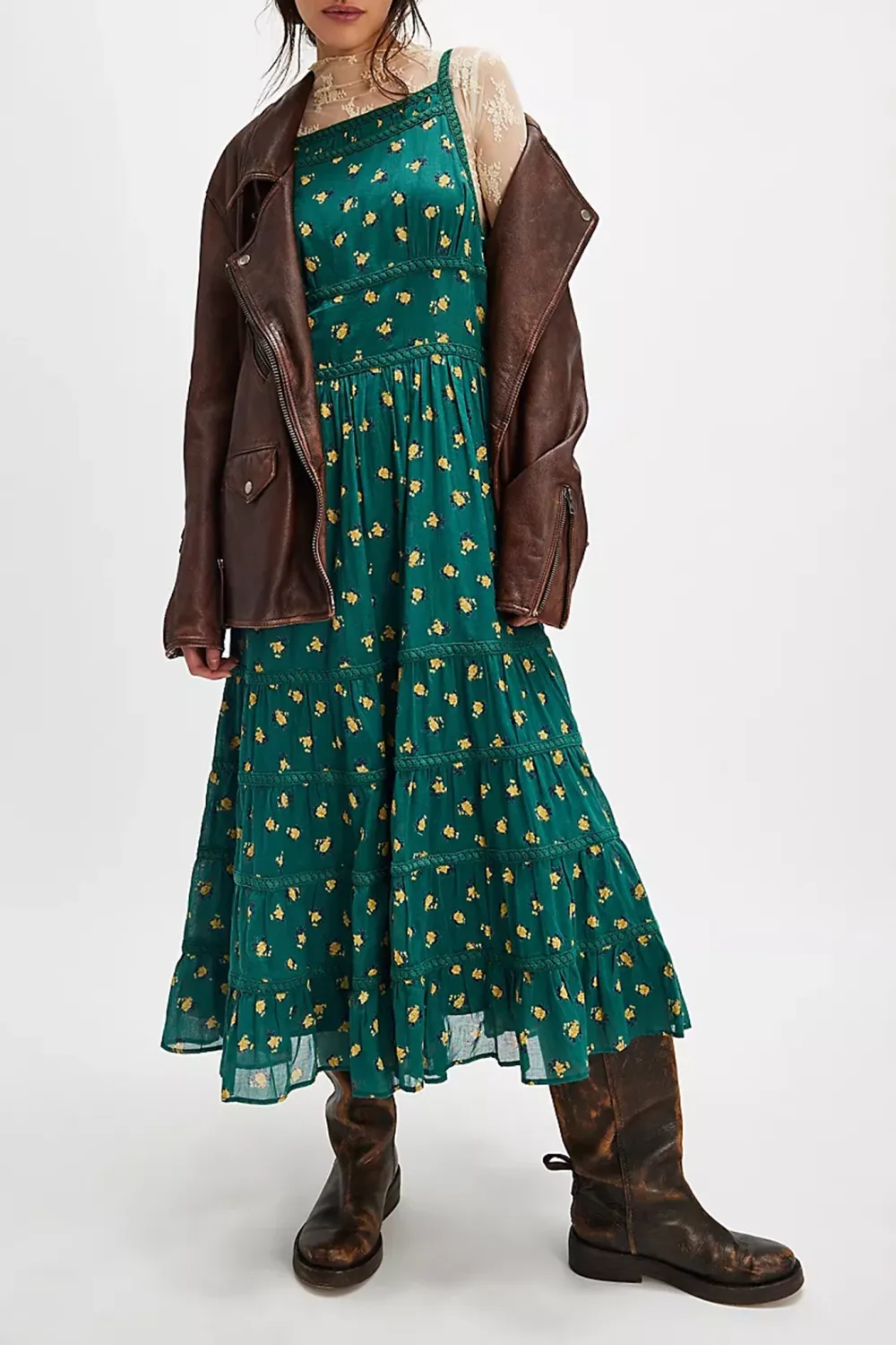 Long Sleeve Floral Print Tiered Midi Dress