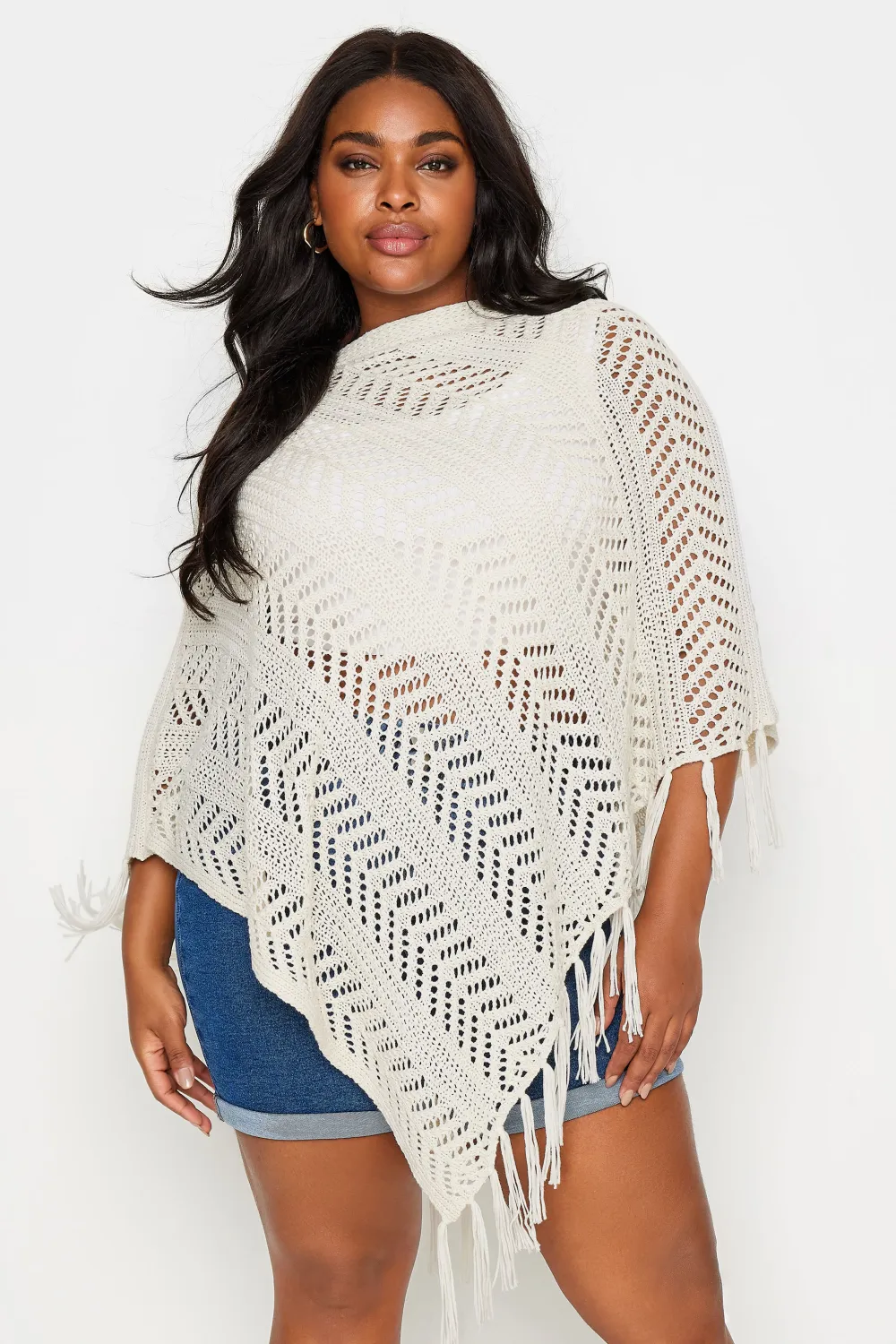 YOURS Curve Cream Pointelle Knitted Poncho