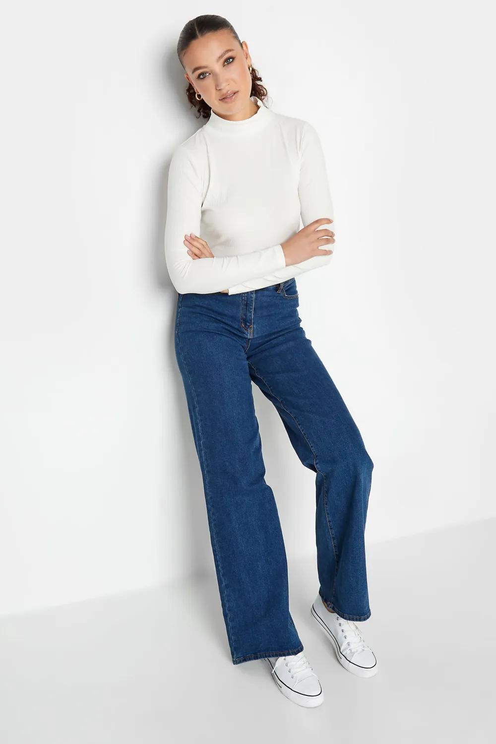 LTS Tall White Ribbed Roll Neck Top