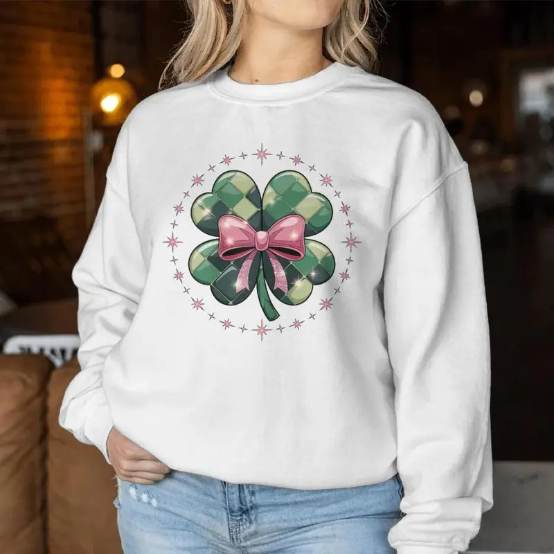 Lucky Clover Pink Bow Aesthetic St Patrick's Day Women Sweatshirt