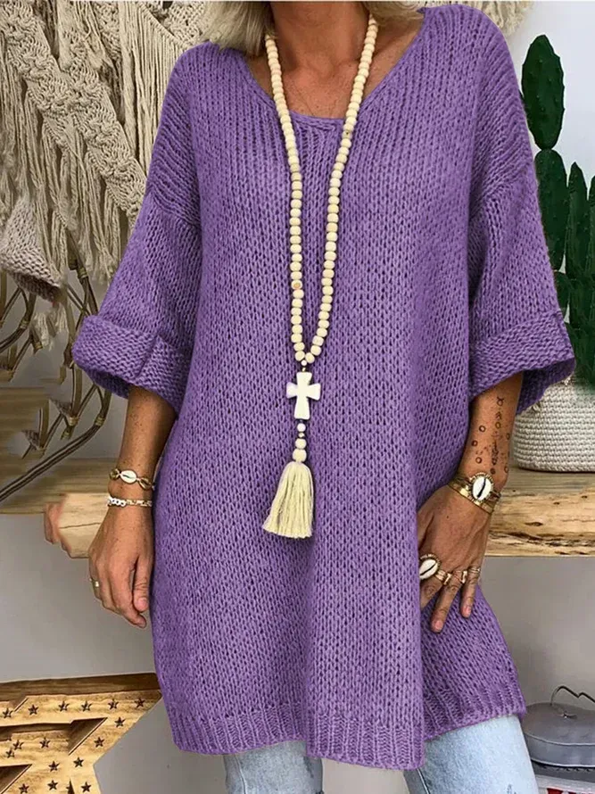 Women 3/4 Sleeves V-Neck Solid Knitted Sweaters