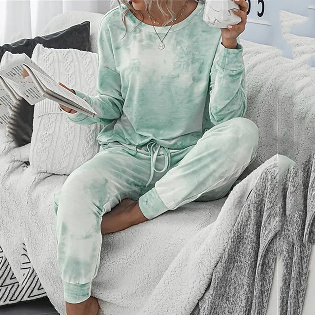 Women's Loungewear Sets Tracksuits 2 Pieces Tie Dye Sport Simple Casual Home Street Airport Polyester Crew Neck Long Sleeve Pullover Pant Elastic Waist Winter Fall Green Blue