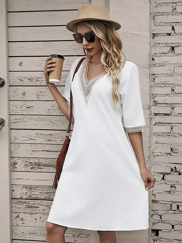 Women's Cotton Linen Dress Casual Dress Shift Dress Midi Dress Cotton And Linen Fashion Modern Outdoor Daily Vacation V Neck Patchwork Half Sleeve Summer Spring 2023 Regular Fit Gray Plain 3XL