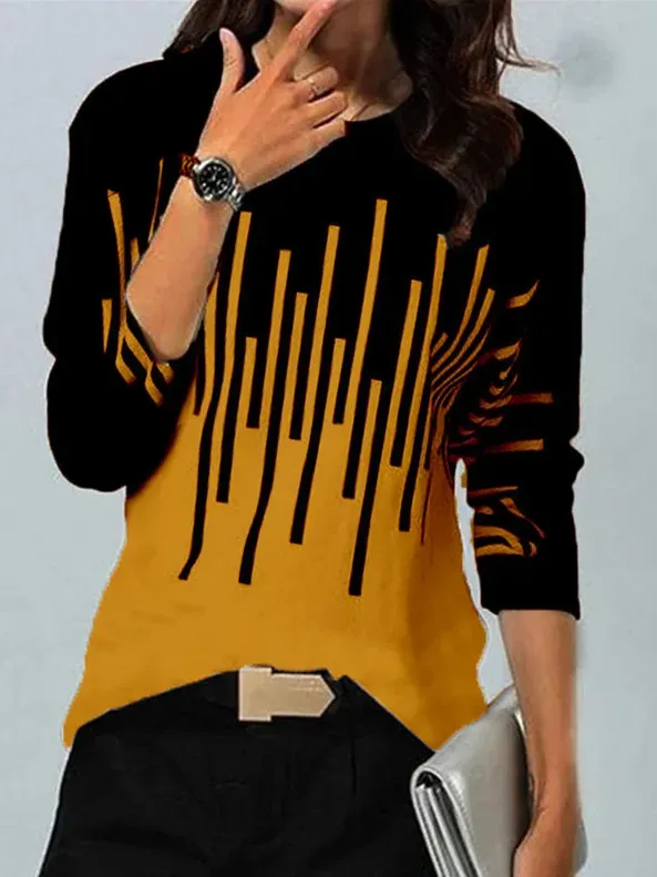 Women Color Block Crew Neck Casual Long Sleeve Top