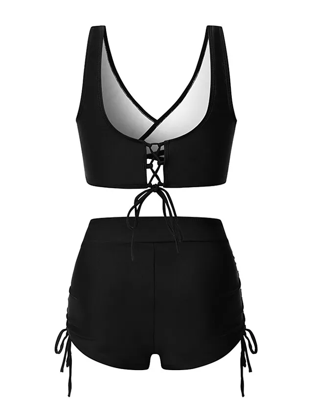 Women's Swimwear Bikini 2 Piece Plus Size Swimsuit Ruched Backless 2 Piece Open Back Slim Camouflage Pure Color Orange Padded V Wire Bathing Suits New Vacation Fashion