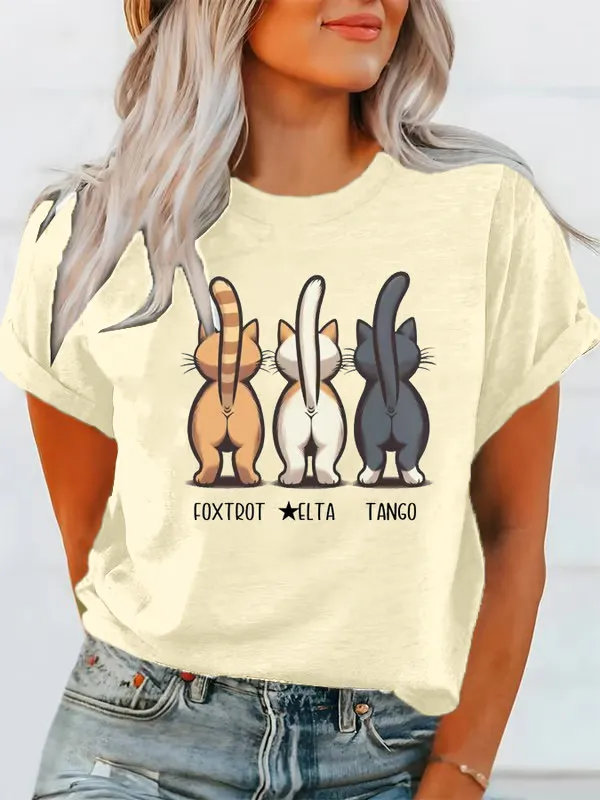 Women'S T-Shirt Female Cat FDT Print Casual T-Shirt Pattern Printed Pure Cotton Round Collar