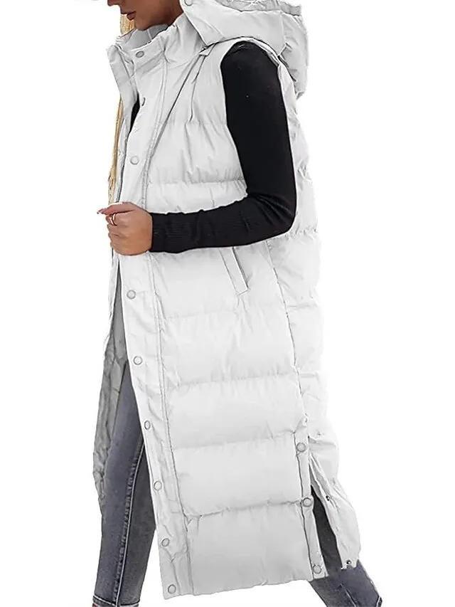 Women's Puffer Vest Long Winter Coat Sleeveless Hooded Jacket Thermal Warm Parka Windproof Gilet Zipper Outerwear Fall