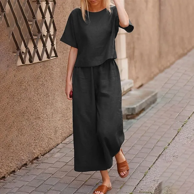 Women's Loungewear 2 Piece Linen Sets Solid  Color Crew Neck  Lounge Set Short Tops with Long Pants Spring Summer