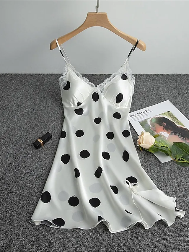Women's Pajamas Nightgown Nightshirt Dress Dot Pure Color Simple Casual Soft Home Daily Bed Satin Breathable Straps Sleeveless Backless Chest pads Summer Spring Black White