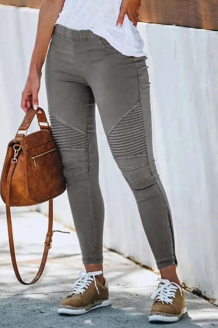 Solid Slant Pocket Zip Side Seam Detail Skinny Jeans