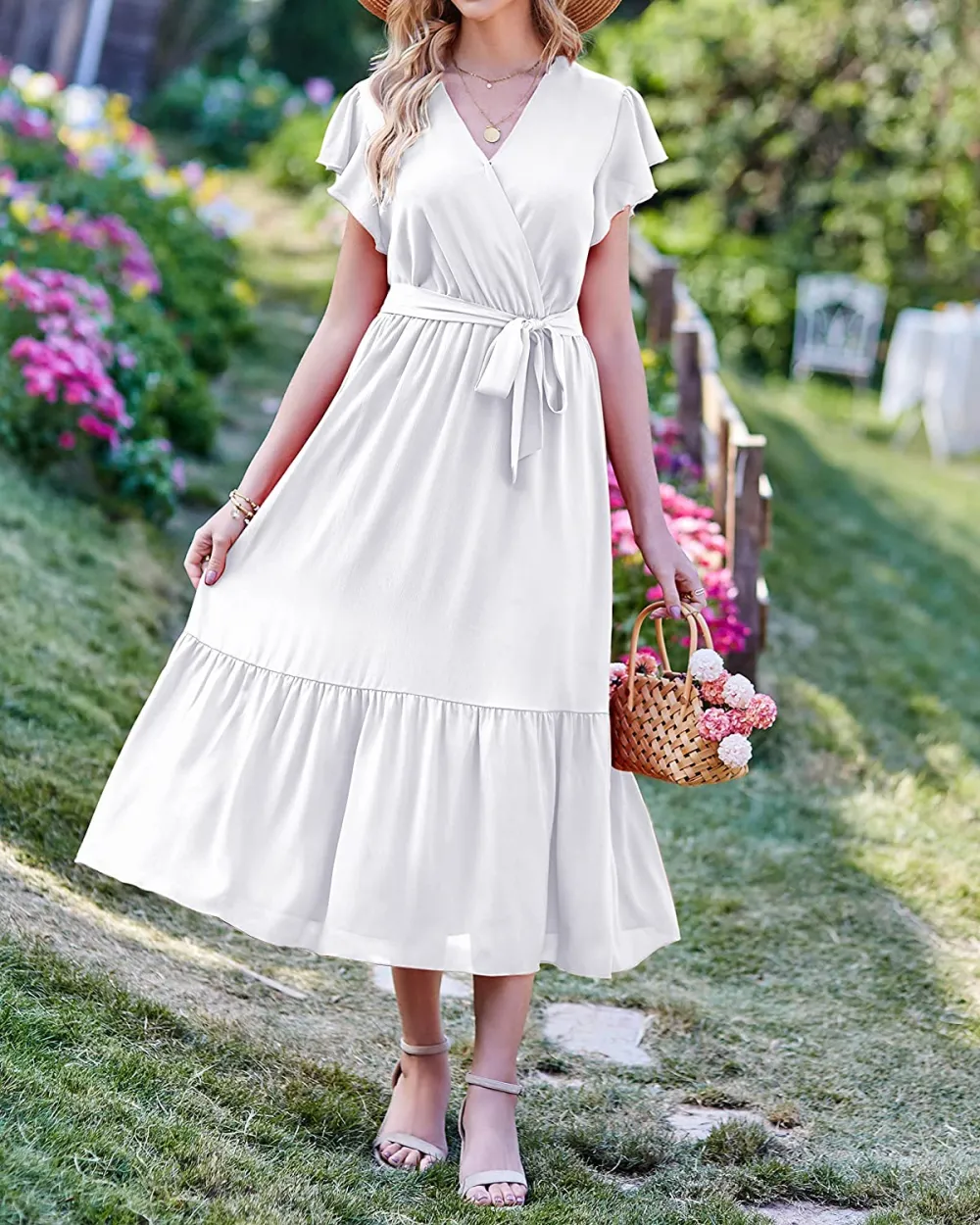 Women Summer Bohemian Floral Casual Wrap V Neck Ruffle Cap Sleeveless Belt A-Line Pleated Hem Swing Midi Sun Dress