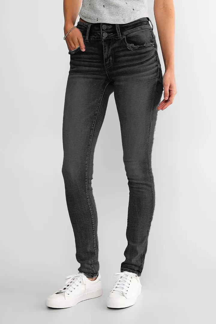Mid Waist Double Button Skinny Jeans