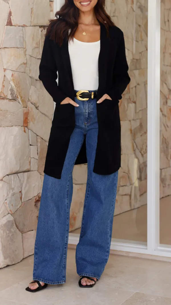 Black Knitted Mid-Length Coat With Pockets