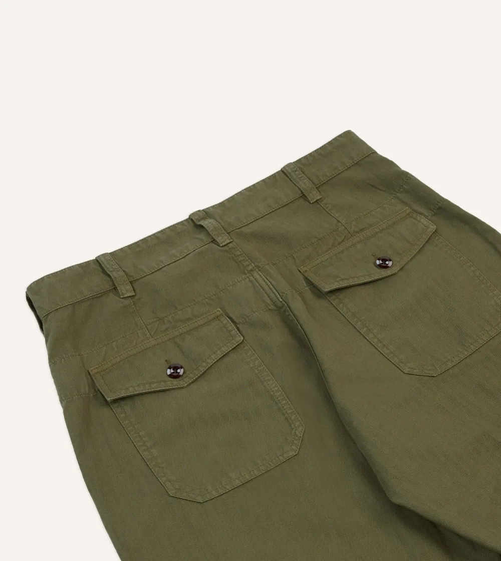 Daily Olive Cotton-Linen Herringbone Fatigue Trouser Casual Style
