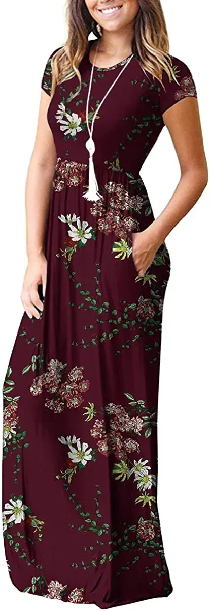 Women's Short Sleeve Loose Plain Maxi Dresses Casual Long Dresses with Pockets